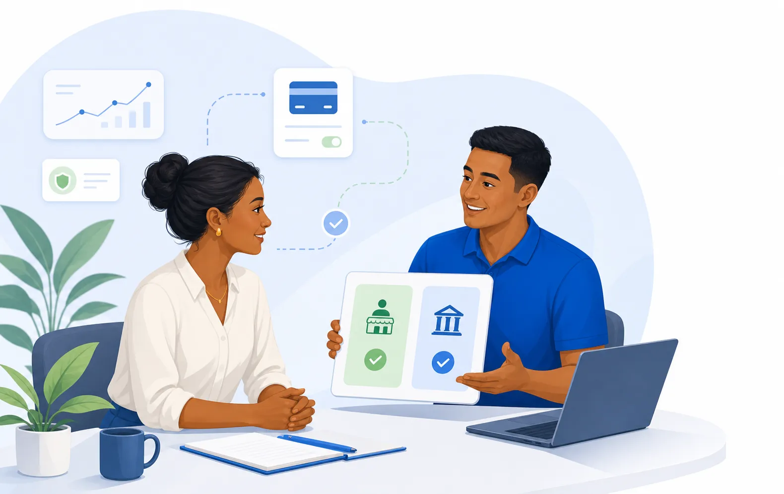 Une entrepreneuse échange avec un conseiller sur les modes de paiement adaptés à son activité